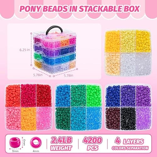 Simetufy 4200Pcs Pony Beads, 24 Assorted Colors 6x9mm Plastic Kandi Beads Bulk for Bracelets Hair Braids Jewelry Making DIY Crafts, 2.41LB (Shaking Packaging) thumbnail 3