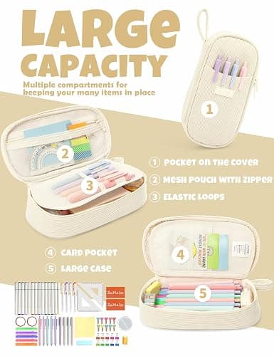 SUNEE Cute Pencil Case, Large Pencil Pouch, Aesthetic Big Pencil Bag with Zipper, Kawaii Stationery Storage and Organizer, School Supplies for Teen and Adult, Boys&Girls, Soft Corduroy Warm Beige thumbnail 3