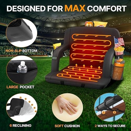 HOPERAN Dual-Sided Heated Stadium Seats for Bleachers with Back Support, 3 Levels Heating Stadium Seating for Bleachers Seat with Backrest, 5 Pockets Portable Stadium Chair for Outdoor thumbnail 4