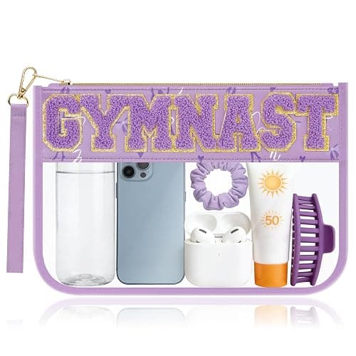 BuyCard Gymnastics Gifts Cosmetic Makeup Bag with Chenille Letter Patch, Clear Pouch PVC Organizer Purse, Waterproof Travel Bag, Portable Toiletry Storage Bag for Her Girls Friends Women - Image 1
