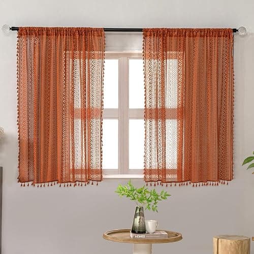WAZZIO Burnt Orange Curtains Sheer 45 Inch Length Bedroom Short Small Cafe Rod Pocket Vintage Fall Privacy Let Light in Cotton Lace Boho 2 Panel, Terracotta thumbnail 2