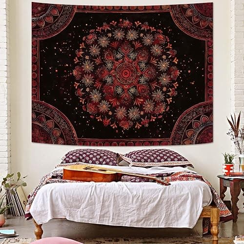 Accnicc Boho Mandala Tapestry Wall Hanging Hippie Bohemian Floral Flower Medallion Tapestry Aesthetic Small Vintage Black Red Indian Tapestries for Bedroom Living Room Dorm Decor 48 x 36 Inch thumbnail 4