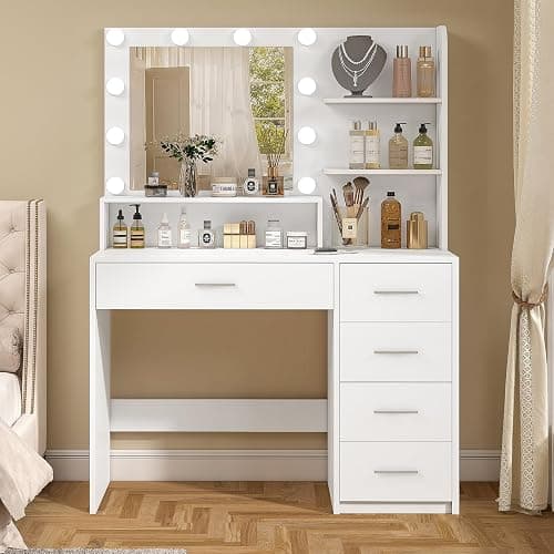 Quimoo Vanity Desk with Mirror & Lights, Makeup Vanity with 5 Drawers & Storage Shelves, White Vanity Table, 3 Color Modes & Adjustable Brightness, Dressing Table, Bedroom thumbnail 8
