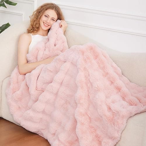 Comelady Faux Rabbit Fur Throw Blanket for Couch,Soft Fluffy Thick Bubble Blanket for Bed Sofa Room Decor-Lightweight Cozy Fuzzy Blanket Gifts for Women,Light Pink,50"×60" thumbnail 7