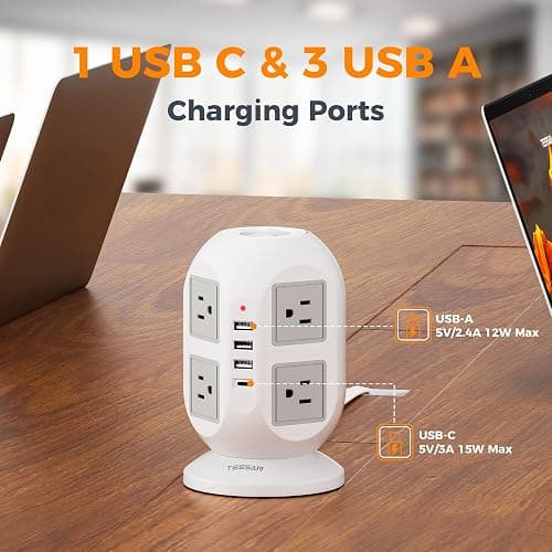 TESSAN Tower Surge Protector Power Strip, 10 ft Long Flat Extension Cord | 8 AC Outlets with 4 USB Ports (1 USB C), Charging Station with Surge Protection, for Home Office Dorm Room Essentials thumbnail 7