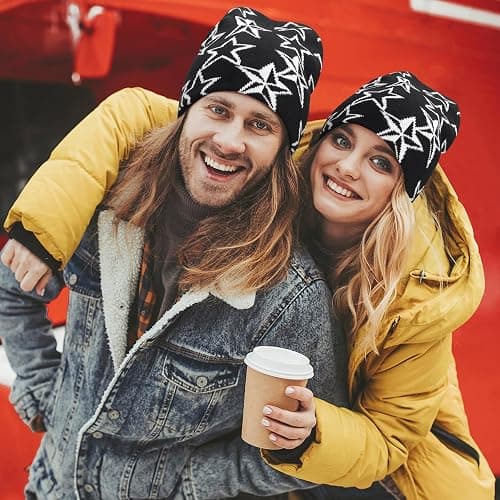 Supaico Men Women Y2K Beanies Gothic Graphic Knitted Hat Winter Warm Beanies Casual Outdoor Skull Cap - Black White Star - Beanie thumbnail 3