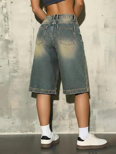 EMMIOL Womens Long Jorts Baggy Y2K Mid High Waisted Retro Jean Shorts Trendy Streetwear Wide Leg Denim Bermudas thumbnail 3