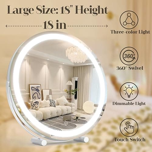 ROLOVE Makeup Mirror with Lights, 18 Inch Vanity Mirror with Lights, Lighted Makeup Mirror, Smart Touch Control Round Lighted Vanity Mirror, Tabletop ＆ Desk Mirror, Gifts for Women, Wife, Mom, Girls thumbnail 3