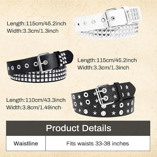 AEXHOT 3 Pcs Black Studded Belt Y2K Belt Star Gothic Punk Rock Belts with Grommet Threads Bright Metal Pyramid for Women Men thumbnail 3