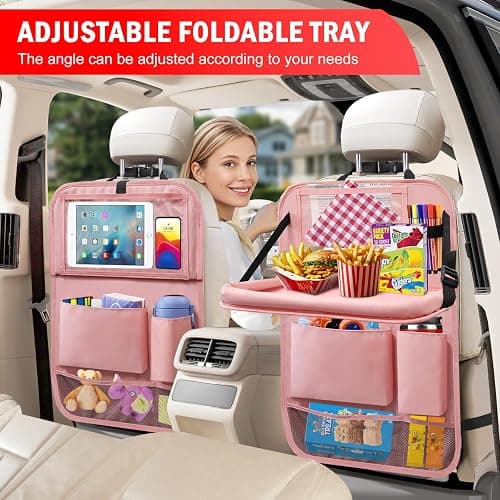 Zecirl 2Pack Car Backseat Organizer with Foldable Table Tray,6 Storage Pockets Car Storage Organizer with Tablet Holder,Car Seat Back Protectors Kick Mats Travel Accessories (Pink) - Pink - 2 Pack thumbnail 2
