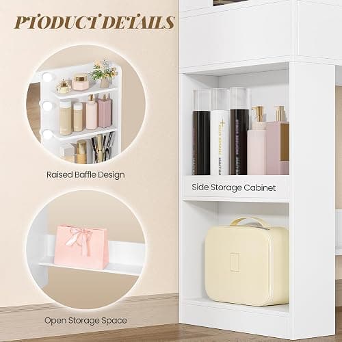 HEXCELEN Vanity Desk, with LED Light, Makeup Vanity with Mirror, Dressing Table with Power Strip, 6 Shelves, 5 Drawers and Open Side Storage, Simple, White thumbnail 7
