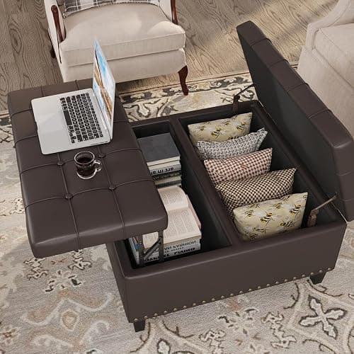 FiveWillowise Square Leather Ottoman with Storage, Faux Leather Coffee Table with Lift Top,Large Upholstered Footrest Stool Toy Box Storage Bench for Bedroom Living Room, Chocolate thumbnail 8