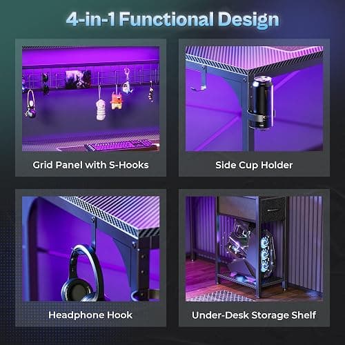 PRAISUN L Shaped Gaming Desk with Shelves, Corner Computer Table with LED Lights, Power Outlets and USB-C Ports, 50 Inch Home Office Desk with Storage Drawer, for Work and Study, Carbon Fiber Black thumbnail 8