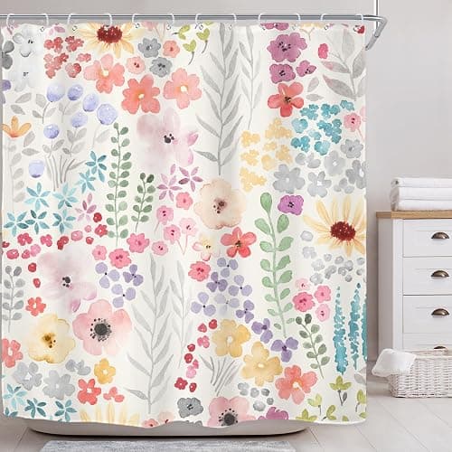 Riyidecor Colorful Cute Floral Shower Curtain for Bathroom Decor 60Wx72H Watercolor Flower Plants Botanical Kids Funny Multicolor Art Printed Fabric Polyester Waterproof 12 Pack Plastic Hook thumbnail 3