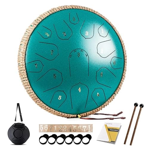 Steel Tongue Drum - HOPWELL 15 Note 14 Inch - Percussion Instrument - Hand Pan Drums with Music Book, Drum Mallets and Carry Bag, D Major, Malachite Green - Image 1