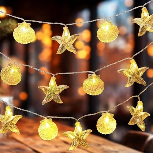 Glooglitter Christmas Ocean Beach String Lights Seashell Starfish 19.69 ft 40 LED Warm White Waterproof Ocean Theme Beach Lights for Home Outdoor Room Decor Indoor Bedroom Decor - Image 1