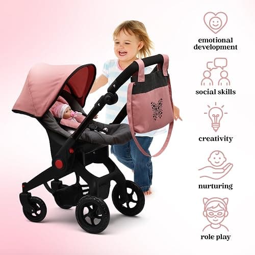 Baby Doll Convertible Travel Stroller for Girls Toddler Play Toy Car Seat Two in One Foldable Carriage for Kids with Diaper Bag Pretend Play Stroller for Doll thumbnail 7
