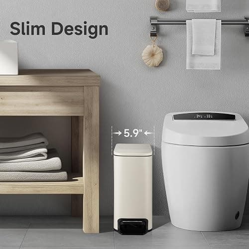 TIPGO Slim Bathroom Trash Can with Lid Soft Close, 6 Liter / 1.6 Gallon Stainless Steel Garbage with Removable Inner Bucket, Small Trash Bins for Bedroom, Office (Cream) thumbnail 3