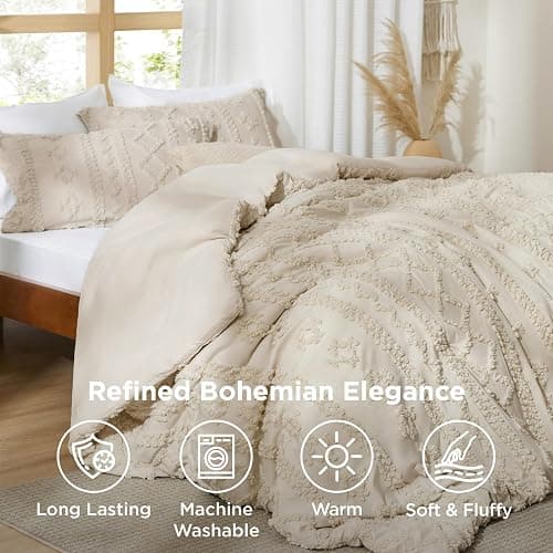 Bedsure Tufted Boho Comforter Set Queen Size - Beige Boho Bed Set, GentleSoft™ 3 Pieces Farmhouse Shabby Chic Embroidery Bedding, Gifts for Woman, Soft Jacquard Queen Comforter for All Seasons thumbnail 6