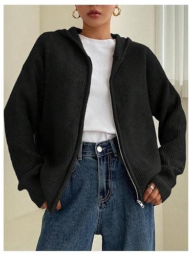 SOLY HUX Zip Up Cardigan for Women Hooded Cardigan Sweater Knitted Drop Shoulder Fall Clothes Winter Hoodies Outerwear thumbnail 5