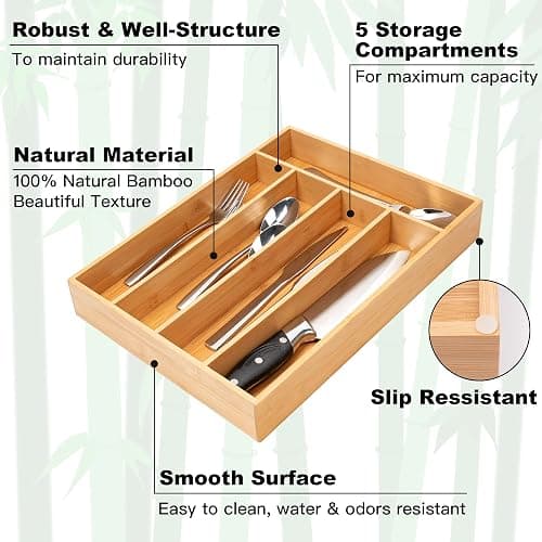 Besilord Silverware Organizer Kitchen Drawer Organizer Utensil Organizer Bamboo Silverware Holder Cutlery Organizer in Drawer Flatware Organizer Tray(5 slots, Natural thumbnail 3