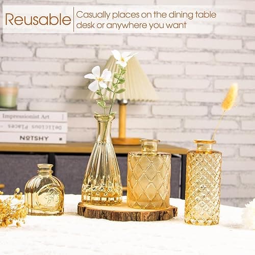 Gold Amber Glass Bud Vases Set of 12, Small Vases for Flowers | Mini Vintage Vases, Bud Vase in Bulk, For Wedding Decor, Single Flowers, Office and Home Table Flower Décor thumbnail 4