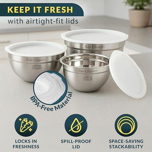 Baker's Signature Stainless Steel Mixing Bowls With Lid, Metal Mixing Bowl Set Of 3, Nesting Set For Food Prep, Baking,Storage, Cooking, Serving | Dishwasher Safe, Silver, 1.5/3/5 Qt thumbnail 4