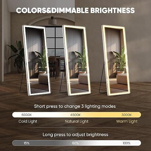 Aidoly LED Rectangular Full Length Mirror, 64"L x 21"W Body Standing Mirror | Shatterproof Tempered Glass, 3 Color Lighting Standing, for Bedroom Cloakroom Livingroom, White thumbnail 3
