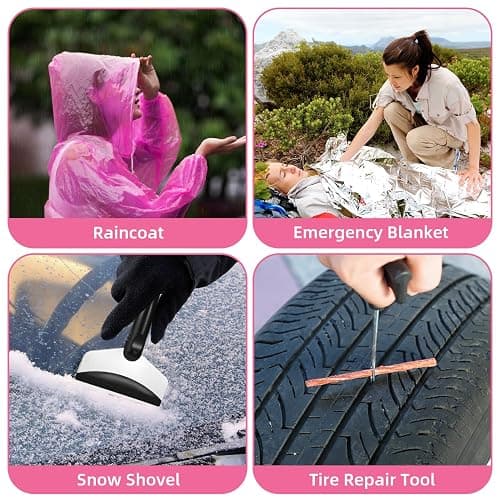 VEIYIE Roadside Emergency Car Kit for Vehicles, Pink Car First Aid Kit Emergency Kit with Jumper Cables, Car Safety Kits, Tow Strap, Tool Kit, Road Trip Assistance for Men, Women, New Driver Gifts thumbnail 7