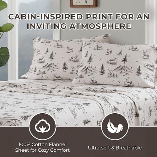Woolrich Cotton Sheet Set Cottage Charms Print, 100% Cotton Flannel Sheets Warm & Fuzzy Bedding Set Queen Size Sheets, Fitted Pocket Fits Up to 14" Mattress, Queen Gray Deer Toile 4 Piece thumbnail 4