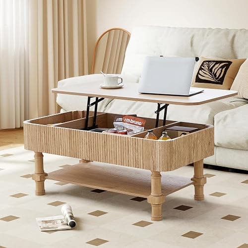 39” Large Lift Top Coffee Table with Hidden Storage Compartment, Fluted Coffee Tables Fully Assembled Wooden Center Table, Mid Century Modern Lift Tabletop Dining Tables for Living Room Office,Natural - Image 1