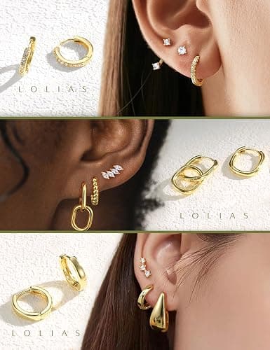 LOLIAS Hypoallergenic 14K Gold Plated Hoop Earring Stacks for Women -Huggie Stud Hoop Earrings Small Stainless Steel Cartilage Earring Sets for Multiple Piercing Lightweight 9Pairs thumbnail 2