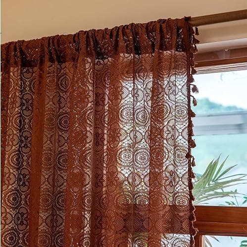 YJ YANJUN Boho Lace Curtains 54 inch Length 2 Panels -Vintage Floral Crochet Sheer Panels with Tassel for Living Room Bedroom Light Filtering Neutral Rustic Fall Winter Drapes Caramel Brown W59 x L54 thumbnail 3