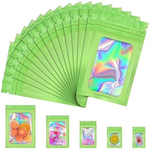 JETMORE 100 Pcs Mylar Bags, Smell Proof Bags Foil Pouch, Holographic Resealable Bags for Small Business, Candy Sample Jewelry Bag Sealable Packaging for Party Favor Food Storage (2.4x3.9in-Green) - Image 1