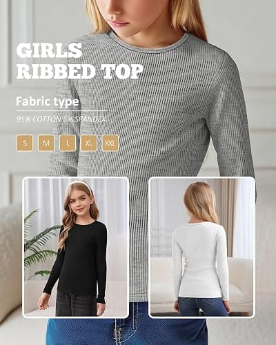 LessonZoo 3 Pack Girls Long Sleeve Shirts Ribbed Knit Cotton Layering Tops Slim Fit Crewneck Casual Undershirts thumbnail 6