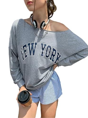 Remidoo Womens Off Shoulder Sweatshirt Drop Shoulder Oversized Long Sleeve Pullover Top thumbnail 4