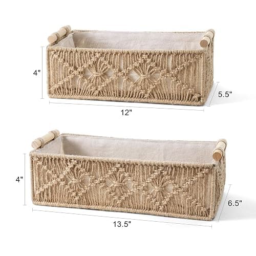 Mkono Macrame Storage Baskets Boho Decor Box Handmade Woven Decorative Countertop Toilet Tank Shelf Cabinet Organizer for Bedroom Livingroom Home, Set of 2, Brown thumbnail 3