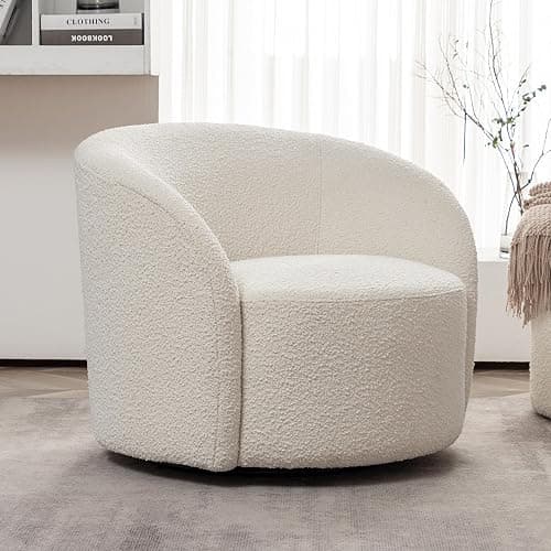 KINWELL 34" W Mid Century Modern Swivel Barrel Chair, Round Upholstered Boucle Swivel Accent Chairs, No Assembly Sofa Chair for Living Room Bedroom Reading Apartment Lounge Nursery(Cream) - Image 1
