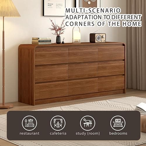 9 Drawer Dresser For Bedroom 63 Inch Wood Chest of Drawers - Curved Anti Collision, Mid Century Dresser For Closet with Natural Texture & Pre-Embedded Slots for TV Stand, Living Room, Nursery thumbnail 7