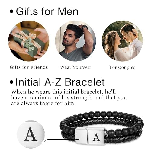 LUXEJEW Gifts for Men - Mens Bracelet, Beaded Leather Initial Bracelet 6mm Matte Agate Stone Handmade Bracelets Adjustable Stainless Steel Magnetic Clasp Mens Jewelry Gifts thumbnail 8