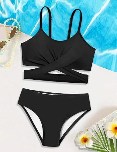 AGERWAY Girls Swimsuit Bathing Suits Criss Cross Bikini Set Two Piece Girls' Swimwear Solid Color Bathing Suit 7-16T thumbnail 6