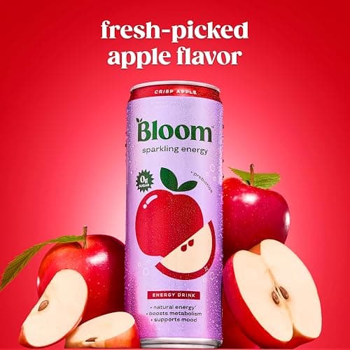 Bloom Nutrition Zero Sugar Energy Drink, Apple Crisp, 12oz 12pk | 180mg natural caffeine with prebiotics, green tea extract & lychee for energy, focus and feel-good refreshment. thumbnail 2