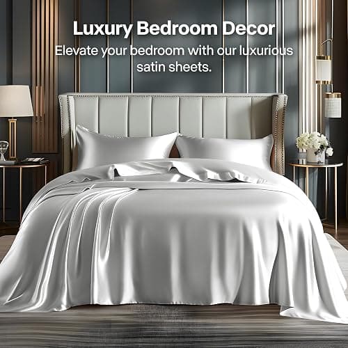 BEDELITE Satin Sheets Queen Size Bed Set, Luxury Soft Grey Silky Sheets for Hair and Skin, Similar to Silk Bed Sheets Set 4 Pieces with 1 Deep Pocket Fitted Sheet, 1 Flat Sheet, and 2 Pillowcases thumbnail 2