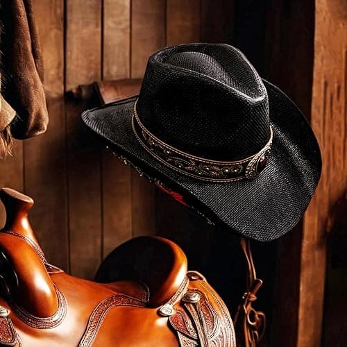 FLUFFY SENSE. Cowboy Hats for Women and Men Straw Western Hat Embroidered Cowboy Hat for Cowboys and Cowgirls thumbnail 8