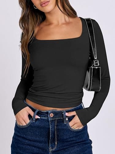 ANRABESS Women Double Lined Long Sleeve Crop Tops Shirts Square Neck Tight Fitted Going Out T-Shirt Basic Tee Outfits 2025 thumbnail 2