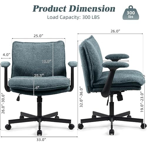 Kassipo Cross Legged Office Chair, Upholstered Criss Cross Desk Chair with Wheels and Flip-Up Armrests, Wide Seat Chair for Home Office, Vanity, Apartment, Dark Green - Green thumbnail 2