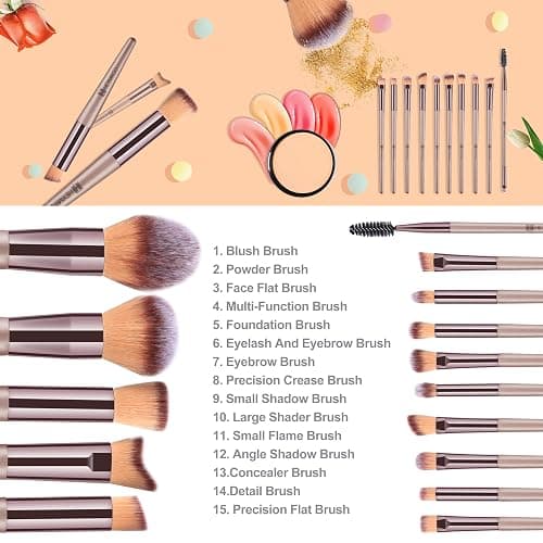 HEYMKGO Makeup Brushes, 15 Pcs Make Up Brushes Set Professional Champagne Gold Makeup Brush Pack, Foundation Blending Powder Blush Concealers Eyeshadow Eyeliner Make-up Brush Kits with Cosmetics Bag thumbnail 4