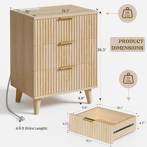 Lulive Wood 3 Drawers Dresser Fluted Night Stand with Charging Station, Storage Nightstand Modern Side Table, Bedside Table for Bedroom, Entryway Natural thumbnail 2