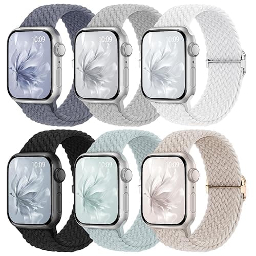 6 Pack Braided Stretchy Bands Compatible with Apple Watch Band 38mm 40mm 41mm 42mm 44mm 45mm 46mm 49mm Women Men, Adjustable Nylon Solo Loop Elastic Straps for iWatch Series 11 10 9 8 7 6 5 4 SE Ultra - Image 1