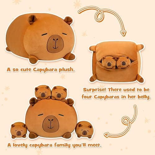 YIIQUWEN Capybara Plush, Soft Stuffed Animal Pillow Toy, Capybara Mommy with 4 Baby Plushies Family Set, Cute Birthday Gift for Kids Boys Girls Adults thumbnail 3